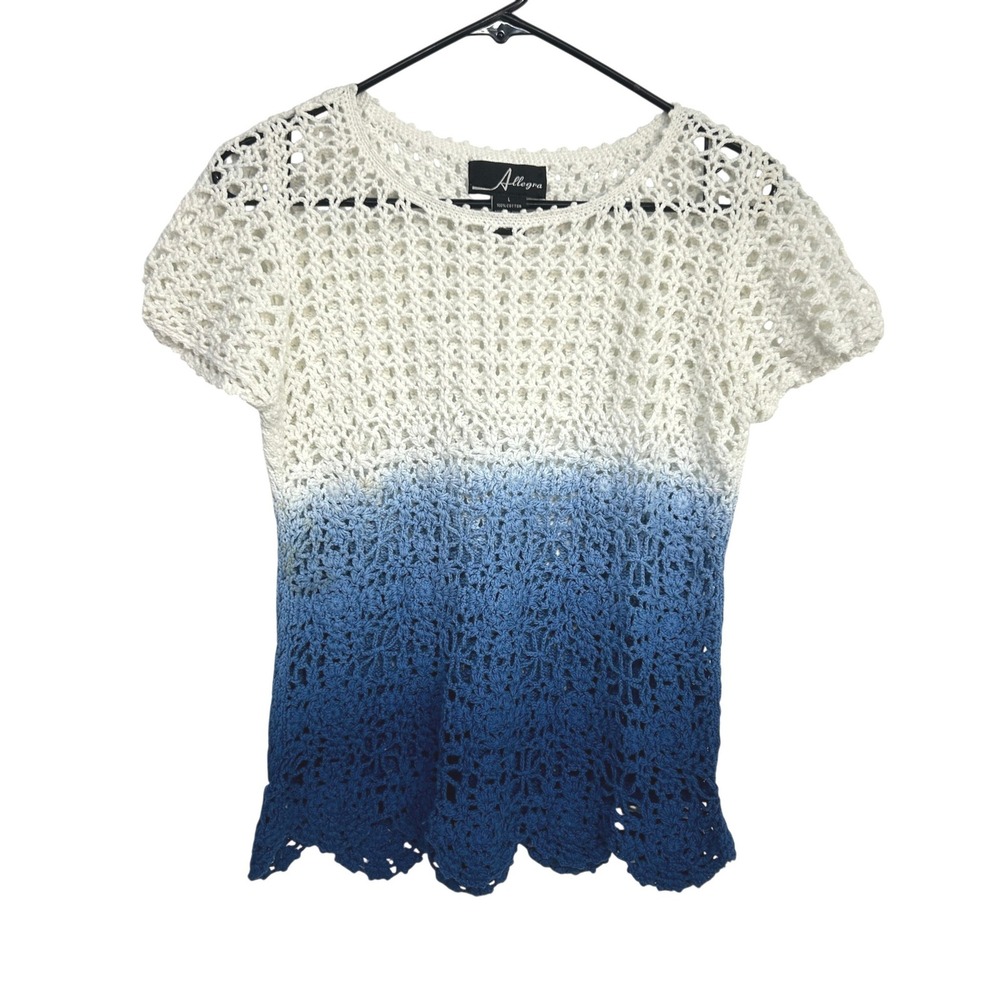 Coastal Ombre Crochet Sweater Top Large Blue White Boho Resort Euro Summer